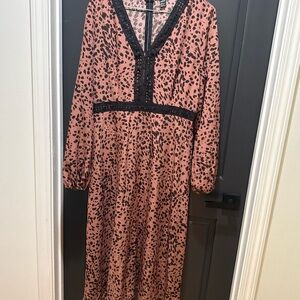 Womens Pink Leopard Print V-Neck Midi Dress with Black Trim